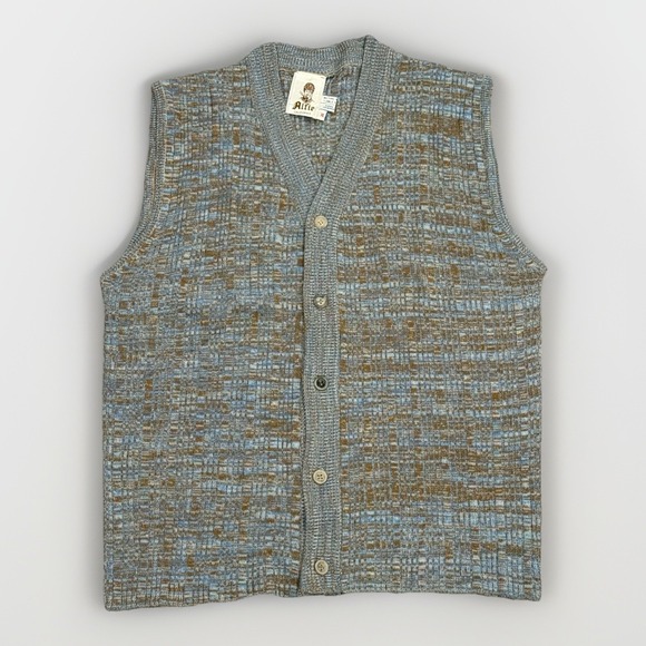 Alfie California Sweaters - Vtg Alfie California Button Up Sweater Vest Brown & Blue 70s 80s SZ XL